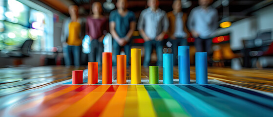 Colorful bar chart displayed on a table in a modern office with team members in the background during a collaborative meeting