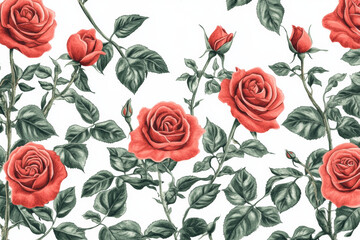 Beautiful red roses with green leaves create vibrant floral pattern