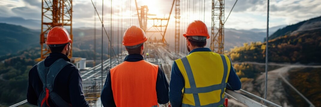 Civil engineers inspecting the structural integrity of a suspension bridge under construction