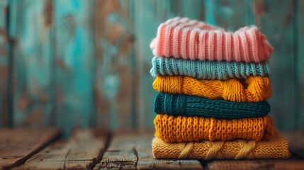 Stack of sweaters on a wooden table