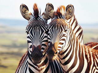 Fototapeta premium Close-up of two zebras with their heads together.