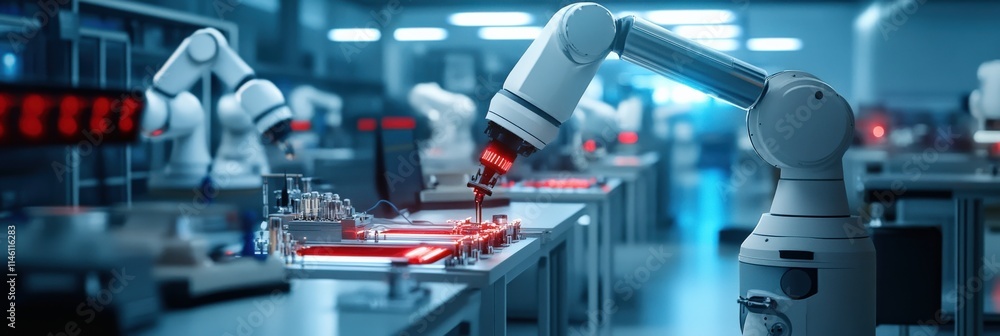 Poster A robotics lab with advanced AI-driven robots performing precision tasks