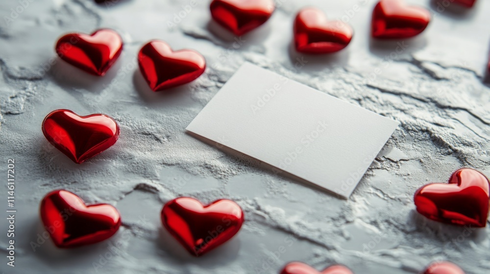 Aufkleber red hearts scattered around a blank card create a romantic atmosphere on a textured surface. perfect