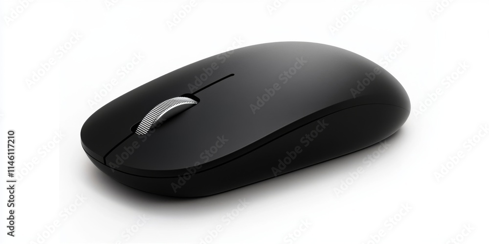 Poster a sleek black computer mouse sits on a minimalist white background. this image showcases modern tech