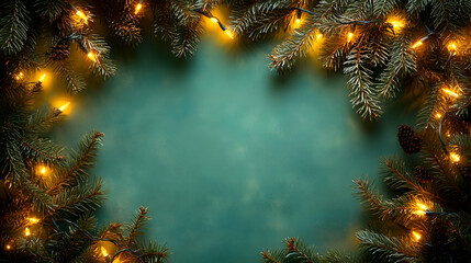 Glowing Lights Adorn Festive Evergreen Branches on Teal Background
