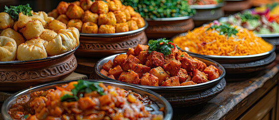 Variety of colorful and flavorful Indian snacks displayed at a festive market during a cultural celebration