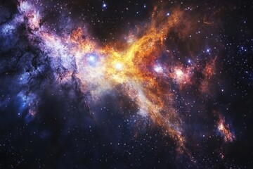 Obraz premium A mesmerizing image of a cosmic nebula glowing with fiery hues of orange and blue, showcasing the stunning beauty and complexity of the universe’s expansive wonders.