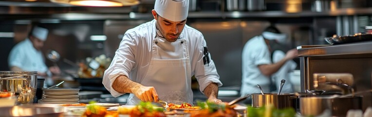 In a state-of-the-art kitchen, a gourmet chef skillfully plates a beautifully presented dish, surrounded by professional kitchen staff and premium culinary tools