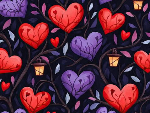 A vibrant pattern featuring red and purple hearts intertwined with branches and leaves, accented by glowing lanterns against a dark background.