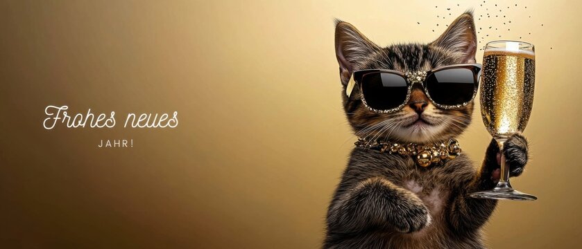 Stilvolle Katze feiert Silvester mit Champagner und Sonnenbrille