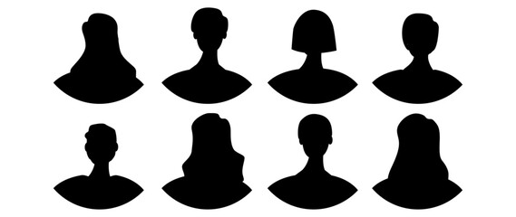 Vector flat illustration. Eight icons. Black silhouette of men and women. Avatar, user profile, person icon, profile picture. Suitable for social media profiles, icons, screensavers and as a template.