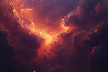Fototapeta premium A breathtaking view of fiery cosmic clouds, with brilliant orange illumination twisting through the celestial darkness, creating a mesmerizing nebula effect.