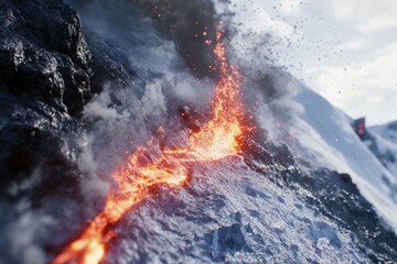 Fototapeta premium An impressive capture of dynamic volcanic activity, with glowing lava flowing over rugged mountain terrain, set against a backdrop of ash and smoke plumes.