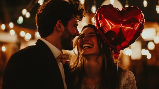 A couple shares a tender moment under warm string lights, with laughter and joy evident on their faces. The woman holds a heart-shaped balloon, adding to the romantic atmosphere of the evening.