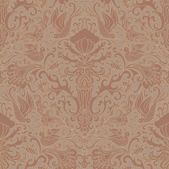 Birds and flowers, paisley floral pattern, Pantone colors, Mocha Mousse. Seamless floral pattern-535.