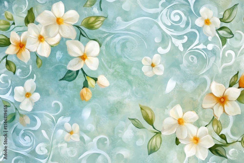 Aufkleber A whimsical abstract painting combining bright flowers and swirling patterns on a gradient blue canvas, creating a sense of harmony and balance through art.