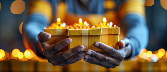 Hands hold beautifully wrapped golden gift boxes adorned with glowing candles in a festive setting during a celebration