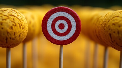 Target Focus:  A single red and white target stands out amongst a field of yellow orbs, symbolizing focus, determination, and the pursuit of goals.  