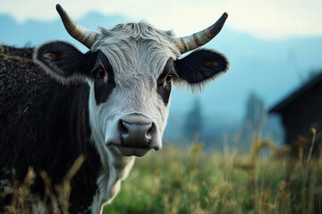 Naklejka premium Close-Up of a Majestic Cow in a Serene Pastoral Landscape Highlighting Natural Beauty and Farm Life