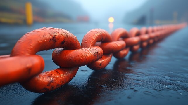 Chain of Strength: A close-up of a rusty red chain, highlighting the individual links that make up the whole. The chain is wet, adding to the sense of strength and resilience.