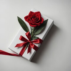 A fresh red flower tucked under a ribbon on a wrapped gift pack on a white background.