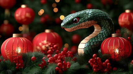 Fototapeta premium Green Snake Amidst Festive Red Ornaments