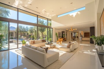 An opulent and luxurious villa interior featuring elegant modern decor, with large windows and sophisticated furnishings creating an affluent atmosphere.