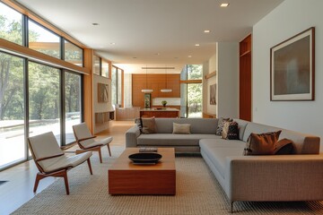 A stylish modern living room featuring floor-to-ceiling windows, a contemporary gray sofa, sleek wooden furniture, and elegant decor in a spacious open layout.