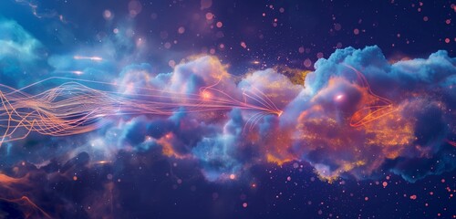 A conceptual illustration of a data cloud with streams of light entering and exiting, representing the movement of data traffic to and from the cloud.