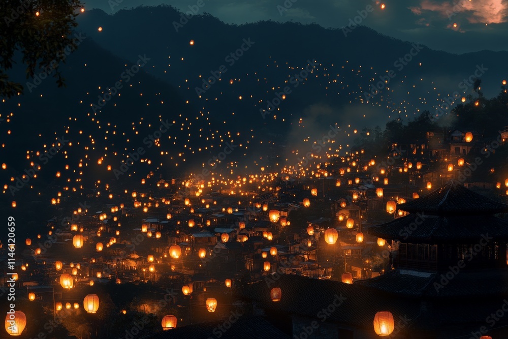 Poster a breathtaking view of a mountain village aglow with floating lanterns, creating an enchanting night