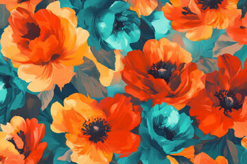 Vibrant floral pattern featuring orange and turquoise flowers, creating lively atmosphere