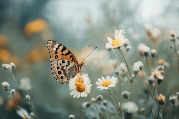 Obraz premium A stunning butterfly perches gracefully on colorful flowers, showcasing nature's beauty and vibrant life on World Wildlife Day. The scene exudes tranquility and harmony