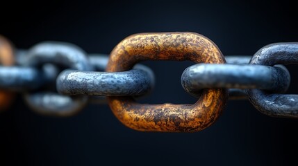 Fototapeta premium Rusty Chain Link: A close-up of a weathered chain link, capturing the texture and detail of its worn surface. The rusty link stands out against the backdrop of sleek, metallic links.