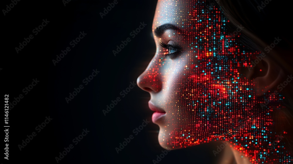 Poster digital aura: a captivating portrait of a woman, her face illuminated by a mesmerizing array of vibr