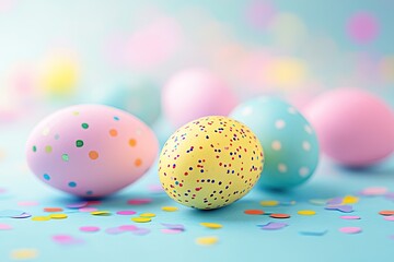 Vibrant confetti and Easter egg scatter on a pastel background