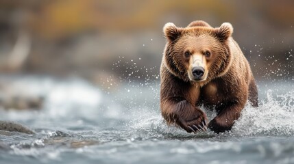 Obraz premium In a vibrant display of wildlife, a powerful bear stands firmly in a swift river, its fur glistening as it navigates the rushing water. This moment celebrates the beauty of nature