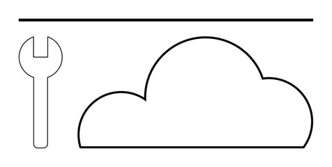 Black wrench symbol adjacent to a cloud shape with a horizontal line above. Ideal for cloud computing, IT services, web hosting, digital tools, online storage, data management, tech support. Line