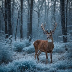A white-tailed deer standing in a frosted blue forest clearing.