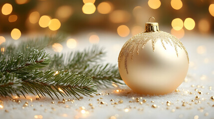 Golden Ornament with Festive Lights & Snow