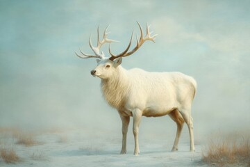 In a serene, mist-laden environment, a magnificent white stag stands gracefully. Its antlers glisten, capturing the essence of mythical beauty while celebrating wildlife conservation