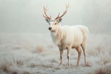 Amidst the soft embrace of morning fog, a magnificent white stag stands elegantly in a frost-kissed meadow, symbolizing wildlife's mystique and magic