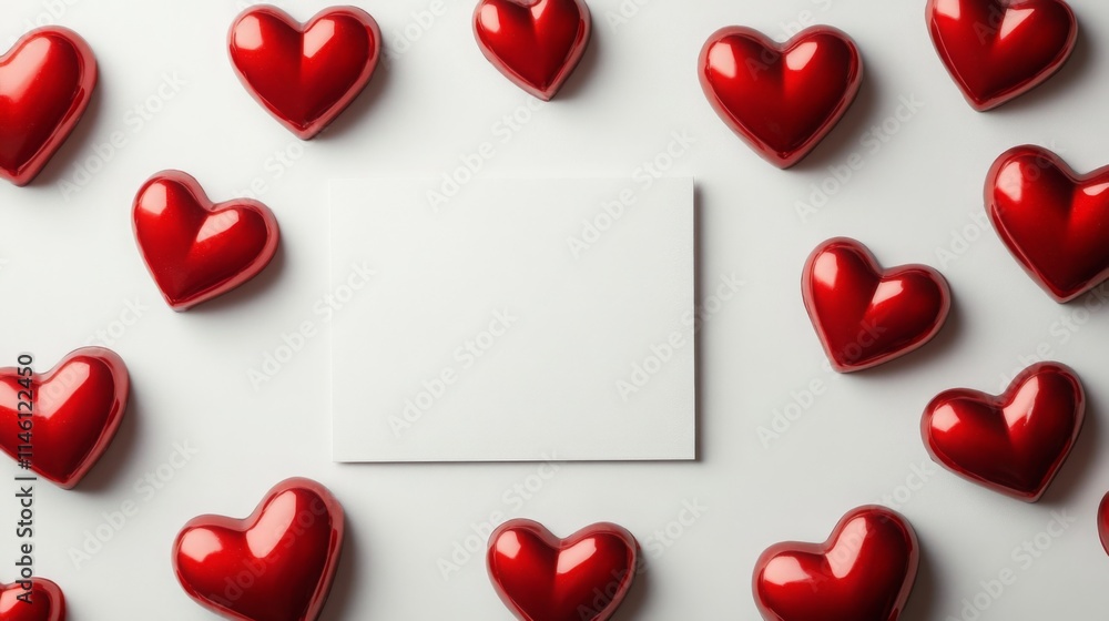 Aufkleber bright red heart shapes are arranged around a blank square piece of paper. the scene evokes feelings