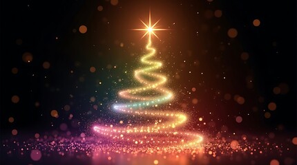 Naklejka premium Vivid Multicolor Sparkling Christmas Tree with Radiant Starburst and Swirling Light Trails in a Magical Holiday Setting, AI-generated