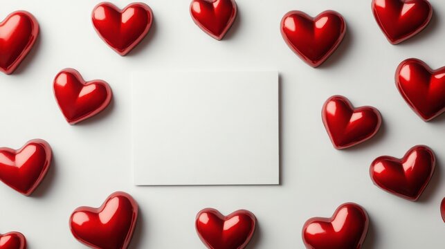 Bright red heart shapes are arranged around a blank square piece of paper. The scene evokes feelings of love and affection, suitable for romantic notes or special occasions.