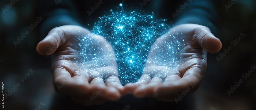 Poster digital neural network in human hands, symbolizing the power of big data and the future of cyberspac