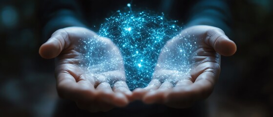 Fototapeta premium Digital neural network in human hands, symbolizing the power of Big Data and the future of cyberspace, technology, and scientific innovation