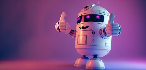 A cute 3D robot with a cylindrical body and flexible arms, showing a thumbs-up on a purple background with a soft glow.