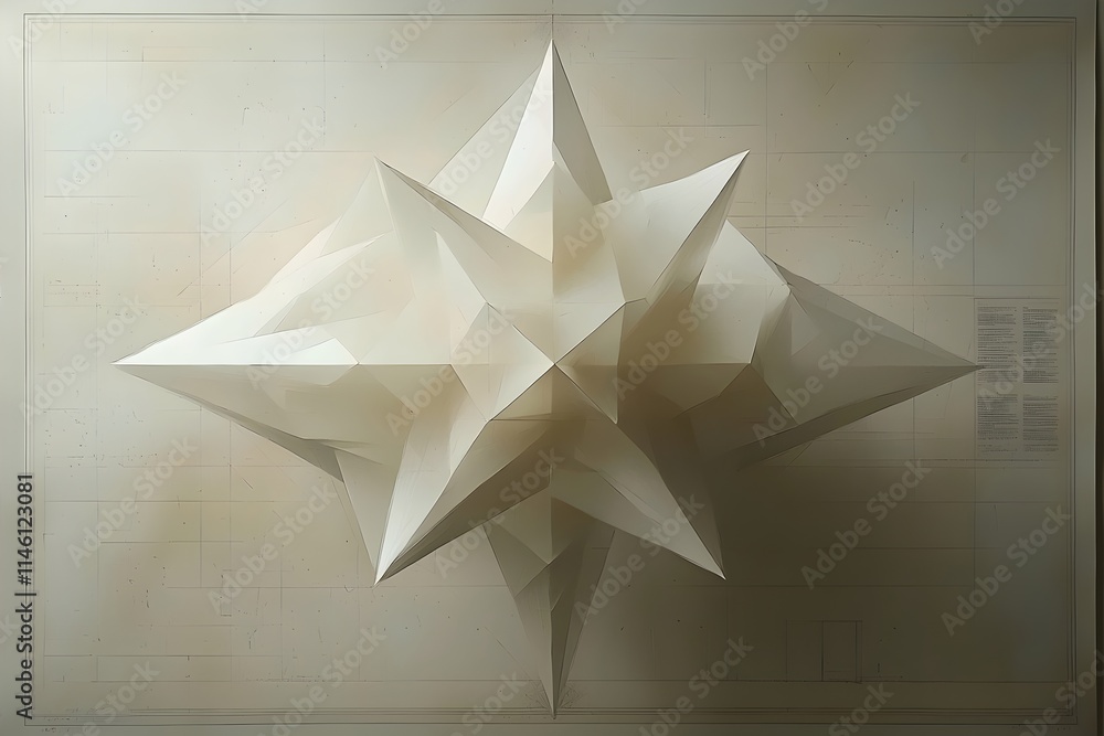 Poster an abstract geometric sculpture featuring sharp, angular peaks and a star-like form, set against a m