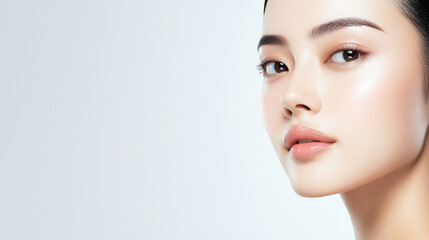 Obraz premium Radiant Beauty: A close-up portrait of a stunning Asian woman with flawless skin and a captivating gaze. Her natural beauty shines through in this captivating image.