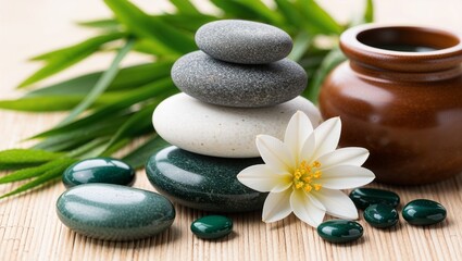 Obraz premium Serene Zen Spa Stone Arrangement with White Flower on a Peaceful Natural Background for Relaxation and Tranquility